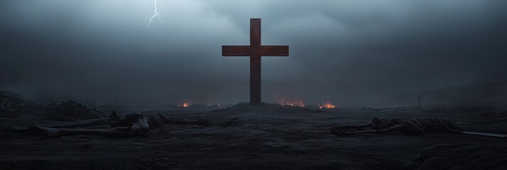 Dramatic cross scene with stormy sky and lightning