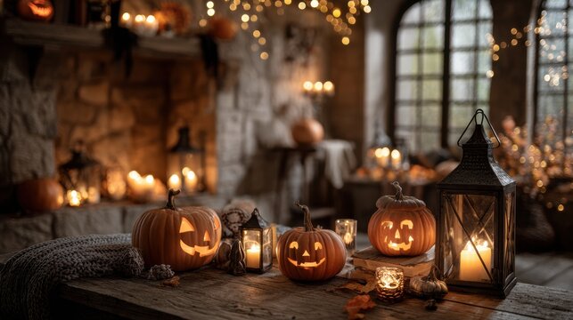 Halloween photoshoot close up with pumpkins and burning candles and lambada