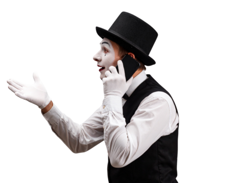 Transparent PNG Side View of Male Mime with Smartphone, Talking Gesture,