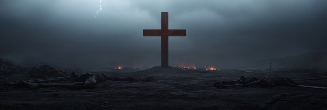 Dramatic cross scene with stormy sky and lightning