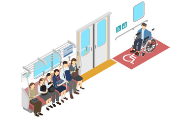 アイソメトリックイラスト：電車の座席と車椅子スペース