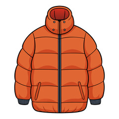 Orange puffer jacket illustration with high collar, Vector illustration of an orange puffer jacket with zipper and padded design, symbolizing cozy winter outerwear and fashionable cold-weather clothin © SUFIA
