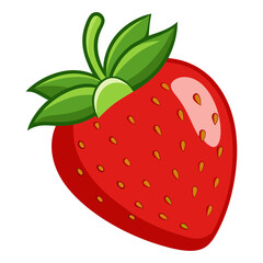 Fresh strawberry fruit illustration with green leaves, Vector illustration of a ripe red strawberry with seeds and green leaves, symbolizing summer fruit, healthy eating, and natural sweetness.  