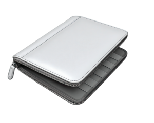 Light gray zippered organizer, open, showing interior compartments