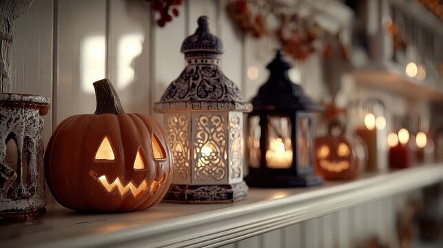 Halloween photoshoot close up with pumpkins and burning candles and lambada