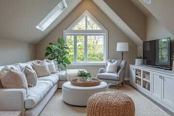 Cozy and bright attic living room with comfortable furniture and decor