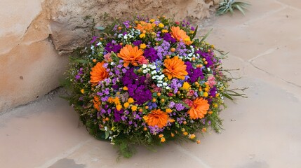 Vibrant Orange and Purple Flower Bouquet Near Stone Wall