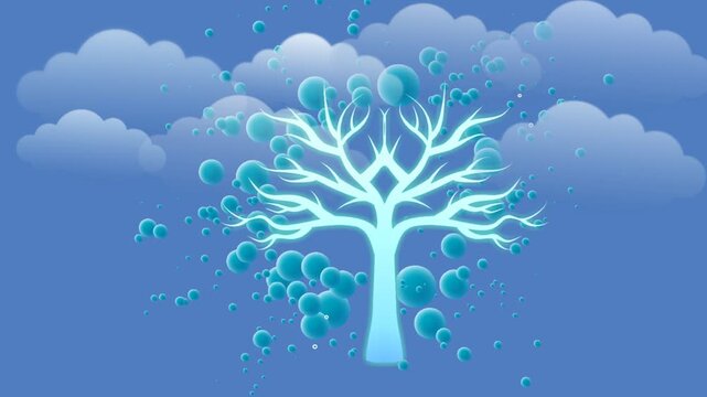 draw scenery of leafless branch tree with flying bird and cloudy sky on blue screen background
