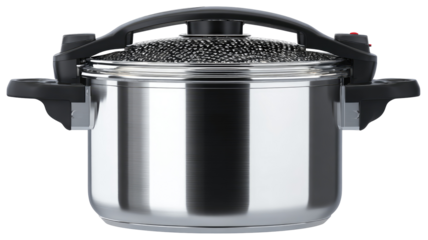 Stainless steel pressure cooker with black handles and lid.  Features a perforated lid and a polished surface