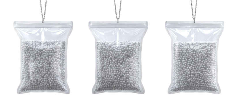 Three clear plastic bags, each containing small, light gray beads, hanging from a thin cord