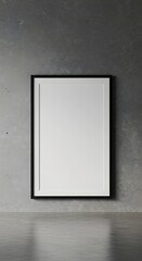 Minimalist Black Frame Mockup on a Textured Gray Concrete Wall with Polished Floor Reflection.