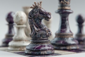 Marble chess knight and pawns featuring intricate detail and contrasting colors