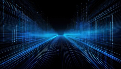 futuristic neon blue digital corridor with glowing light beams and geometric grid lines for high tech sci fi background or virtual reality design