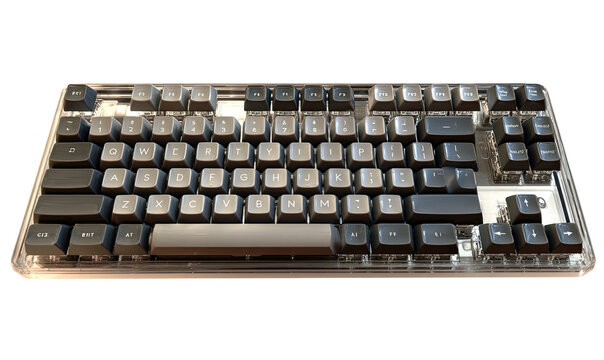Clear acrylic case encloses a mechanical keyboard with dark gray keys