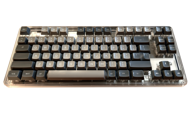 Clear acrylic case encloses a mechanical keyboard with dark gray keys