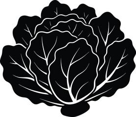 A simple vintage vector drawing of a black and white cabbage flower, with a seamless leaf pattern