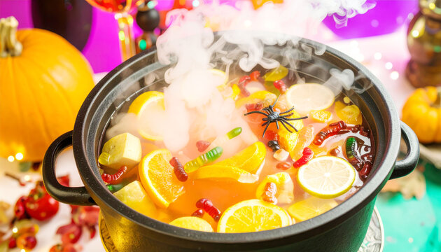 Halloween Witches' Brew Punch with Dry Ice Steam, Citrus Fruits, and Spooky Spider Decoration