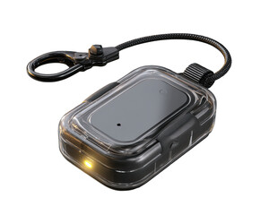 Clear protective case with a black cord.  Small, rectangular,  glowing light inside