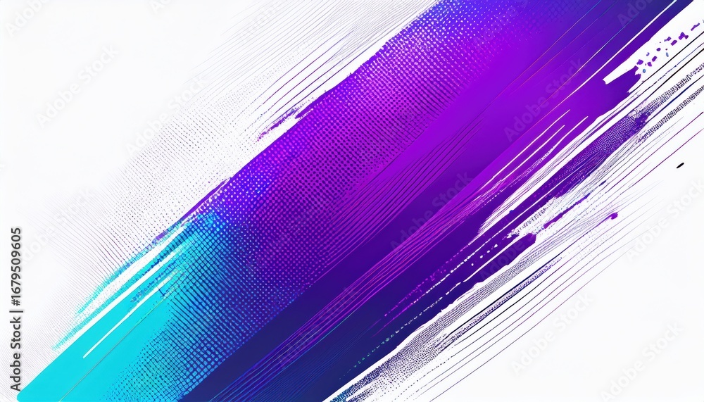 Poster vibrant turquoise and violet paint streak splatter with halftone gradient on white background for dy