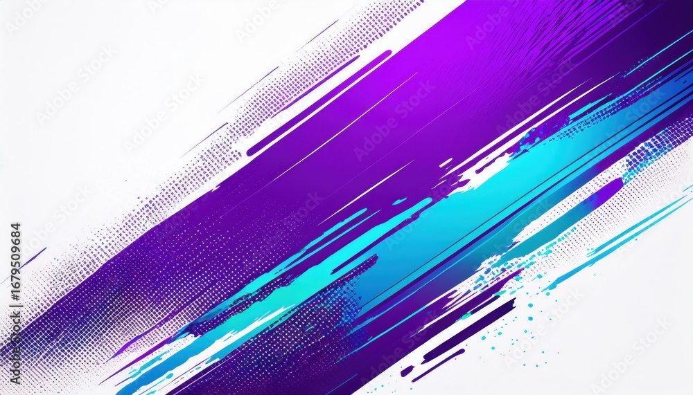 Poster vibrant turquoise and violet paint streak splatter with halftone gradient on white background for dy