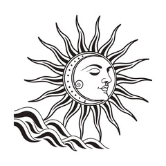 Smiling bright yellow cartoon sun with a happy face, a vector design of a sun and clouds, and a sunflower