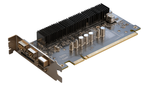 A computer graphics card, angled view, showing components and connectors