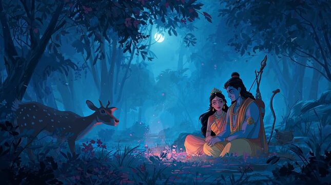 Beautiful digital painting of Sita and Rama seated together in a serene, moonlit forest during exile, with a gentle deer resting on Sita&rsquo;s lap, evoking devotion, peace, and divine love.
