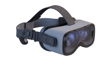 Gray VR headset angled, showing adjustable straps and lenses