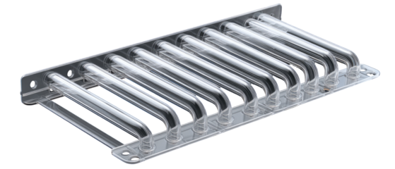 Transparent, rectangular,  metal frame with numerous curved tubes