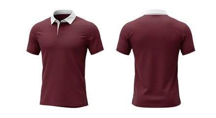 Blank Maroon Polo Rugby Shirt Front and Back Mockup with White Collar, Transparent Background