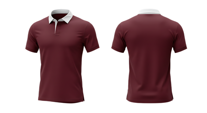 Blank Maroon Polo Rugby Shirt Front and Back Mockup with White Collar, Transparent Background