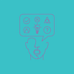 Obraz premium Abstract illustration of a human head with various symbols representing thoughts and ideas, set against a bright blue background