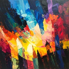 Vibrant, dynamic abstract painting showcases a burst of bold colors and expressive brushstrokes.
