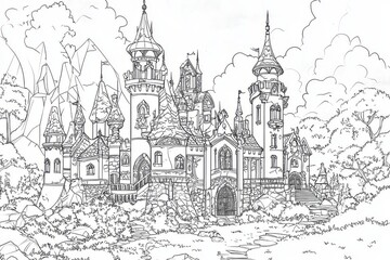 Obraz premium Cartoon enchanted castle coloring page for kids, simple black and white outline illustration with strong lines on white background