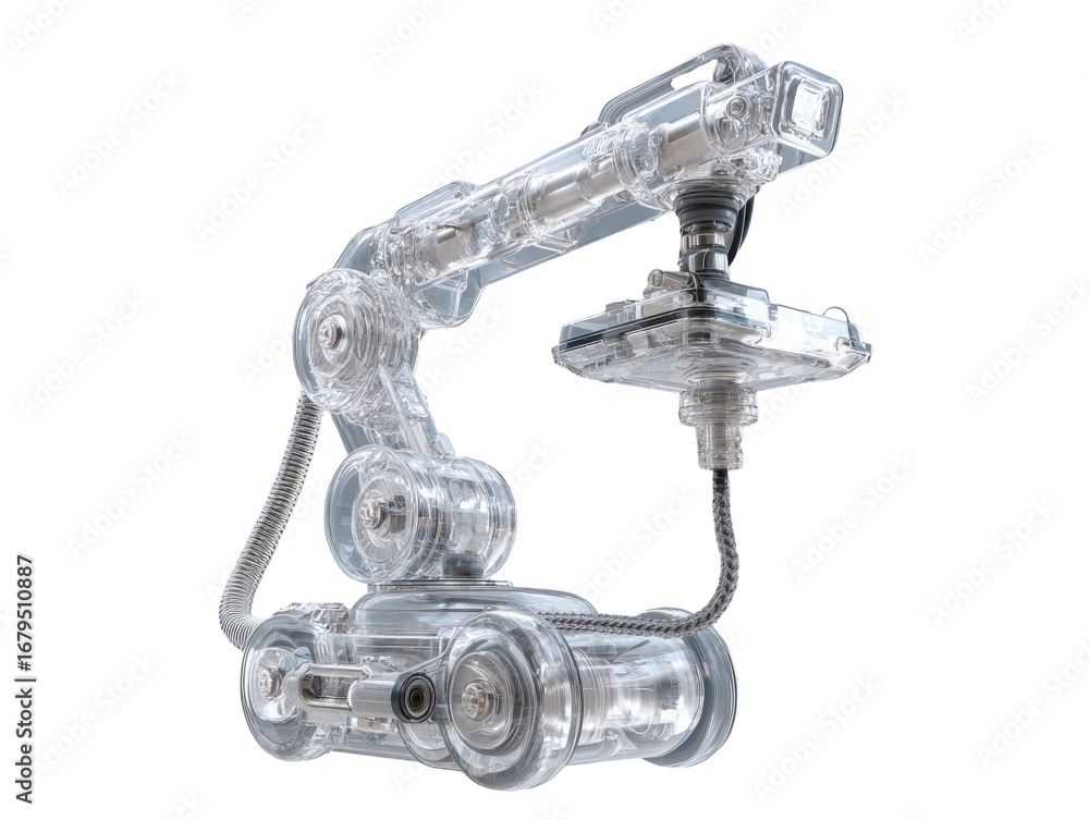 Fototapete Transparent robotic arm with mechanical components.  A translucent, 3D rendering of a robotic arm, showcasing internal workings. The arm's joints and mechanisms are clearly visible