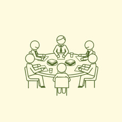 Illustration of a business meeting around a circular table with participants engaged in discussion and note-taking