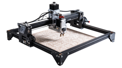 Black tabletop laser cutter with light-colored work surface, intricate pattern