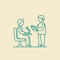 Two figures engaged in an interview setting, one asking questions while the other responds, with a neutral background