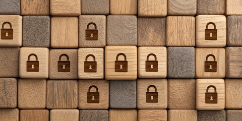 Computer network security concept with wooden cubes top view graphic representation digital environment abstract perspective