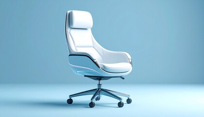 Elegant white leather ergonomic boss chair isolated on a clean blue studio background, representing workplace authority and modern design