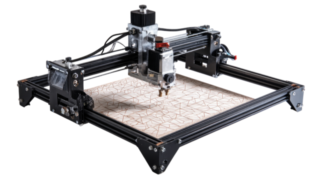 Black tabletop laser cutter with light-colored work surface, intricate pattern