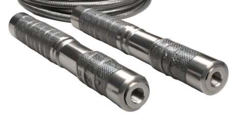 Close-up of two jump ropes, metallic gray with textured grips
