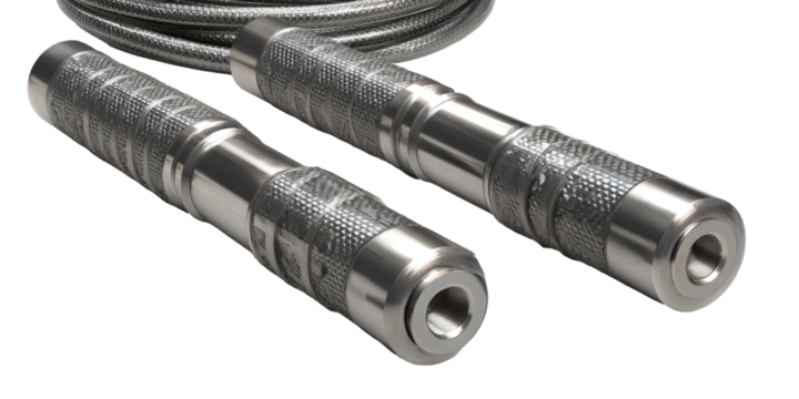 Close-up of two jump ropes, metallic gray with textured grips