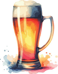 Refreshing watercolor beer mug filled with golden ale and creamy foam isolated on a clean white background for promotional use