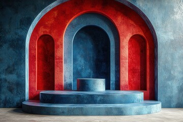 Minimalist abstract stage design featuring vibrant red circle against blue backdrop
