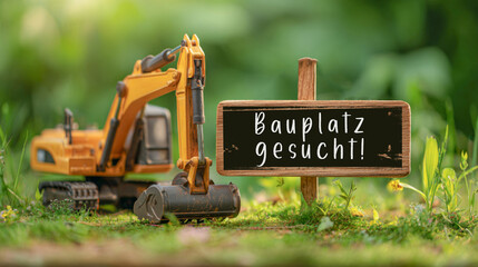 Bagger Holztafel Schild Tafel auf Wiese mit deutschem Text : Bauplatz gesucht !!!