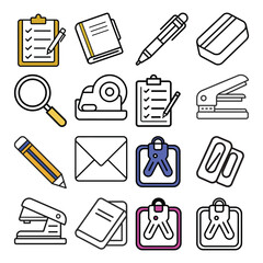16 icon set on stationery items used in a school or college
