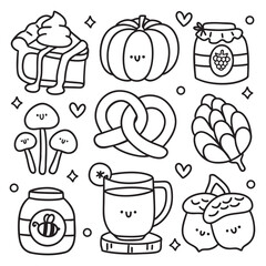 Coloring cute colorful hand drawn fall season doodles elements. Coloring page for kids and adults.