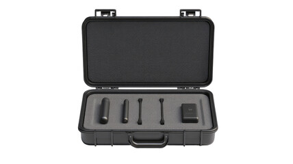 Hard-shell case, open, holding several small, dark components