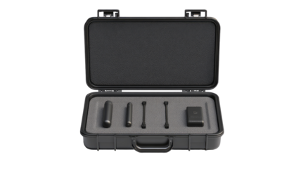 Hard-shell case, open, holding several small, dark components